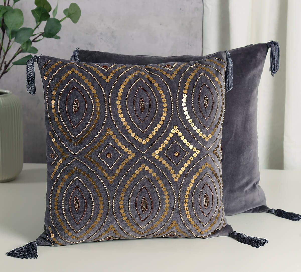 India Circus by Krsnaa Mehta Grey Decorated Adorn Cushion Cover